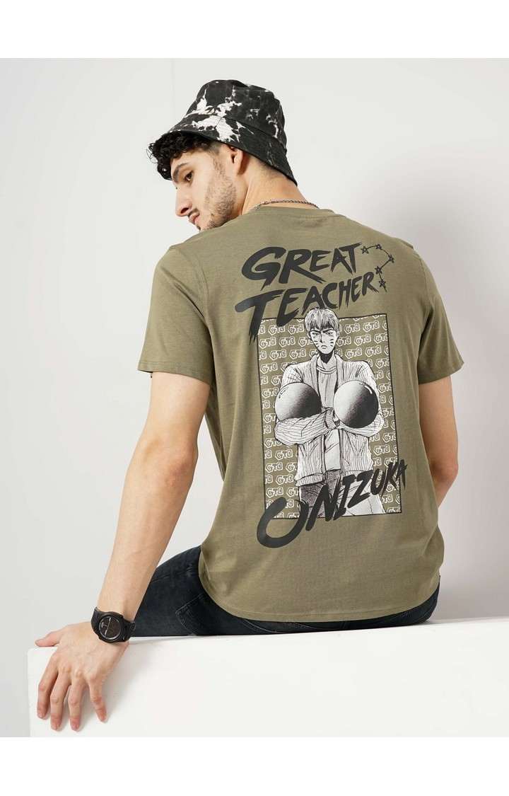 Celio Men's Graphic Khaki Half Sleeve Round Neck Gto Tshirt