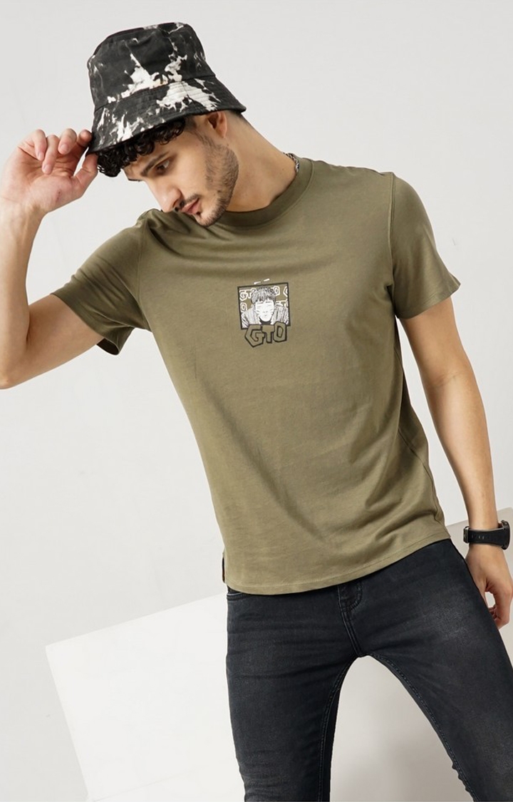 celio | Celio Men's Graphic Khaki Half Sleeve Round Neck Gto Tshirt
