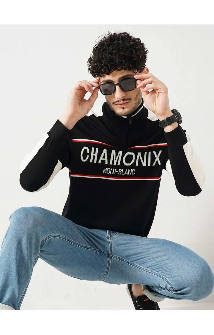 Celio Men's Letter Black Full Sleeve Chamonix Sweatshirt