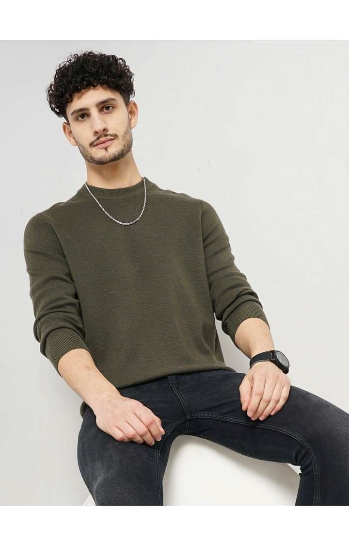Celio Men's Solid Khaki Full Sleeve Round Neck Chamonix Sweatshirt