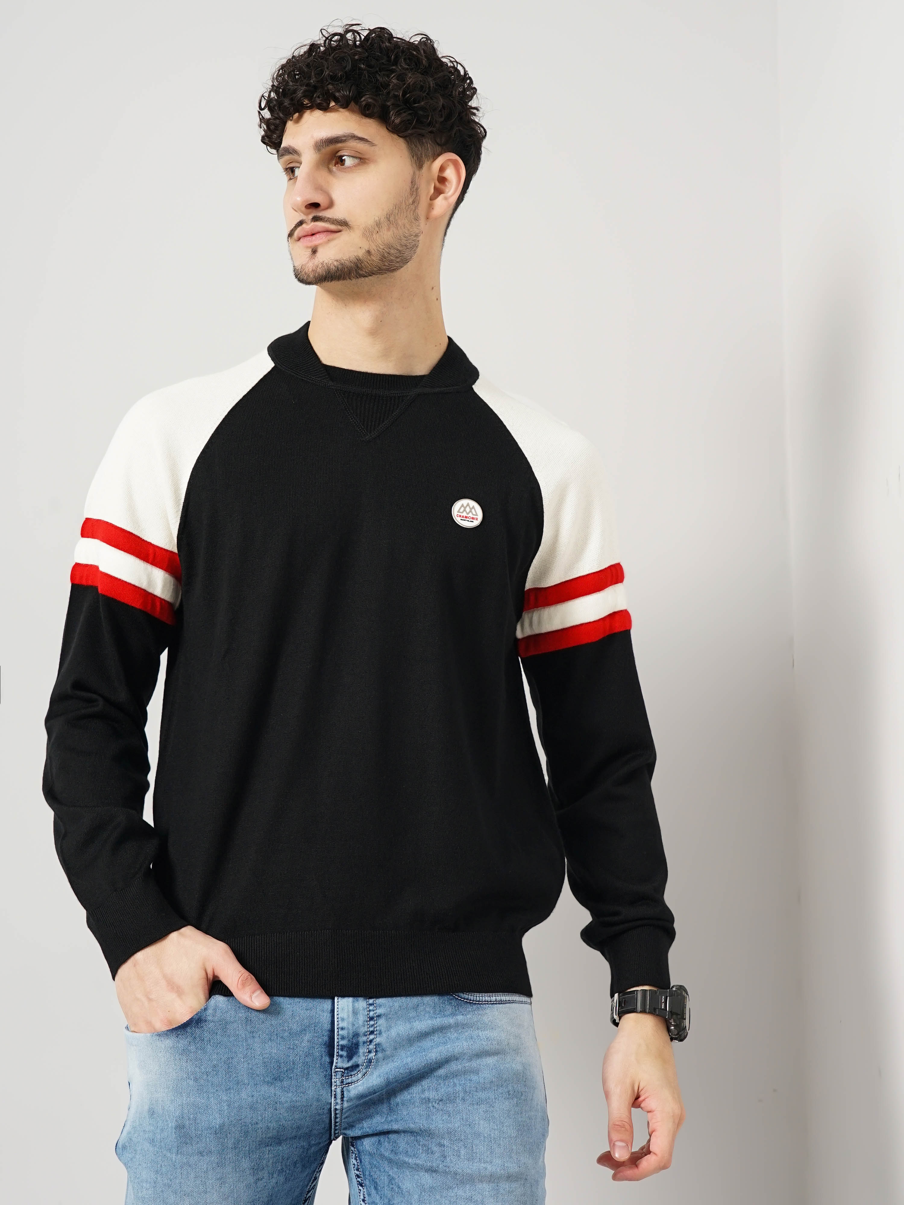 Celio Men's Color-Block Black Full Sleeve Round Neck Chamonix Sweatshirt