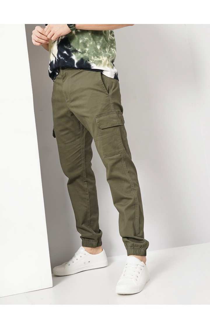Celio Men Green Solid Loose Fit Cotton Cargo Casual Trousers