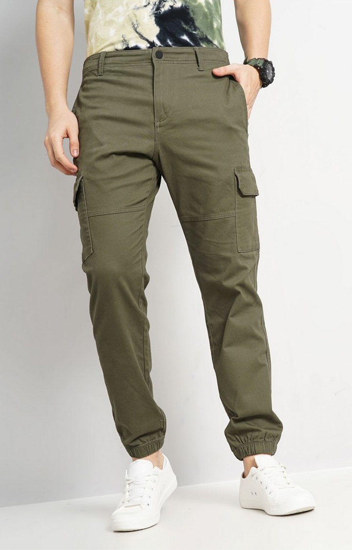 celio | Celio Men Green Solid Loose Fit Cotton Cargo Casual Trousers