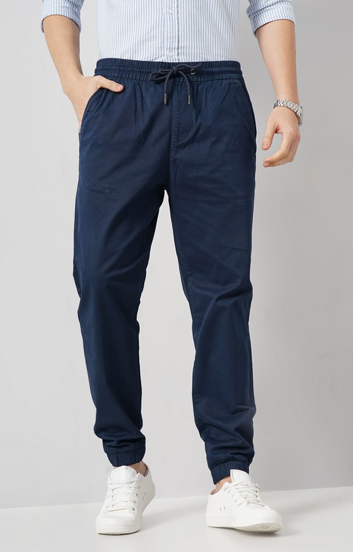 Celio Men Blue Solid Loose Fit Cotton Chinos Casual Trousers