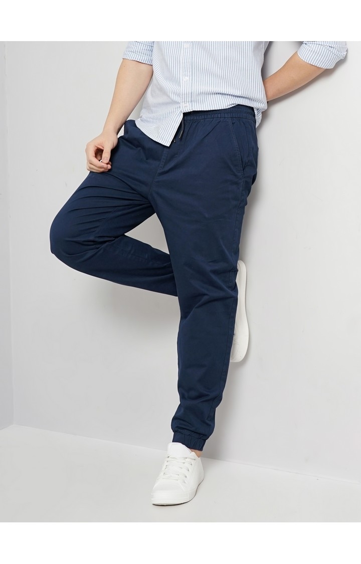 Celio Men Blue Solid Loose Fit Cotton Chinos Casual Trousers