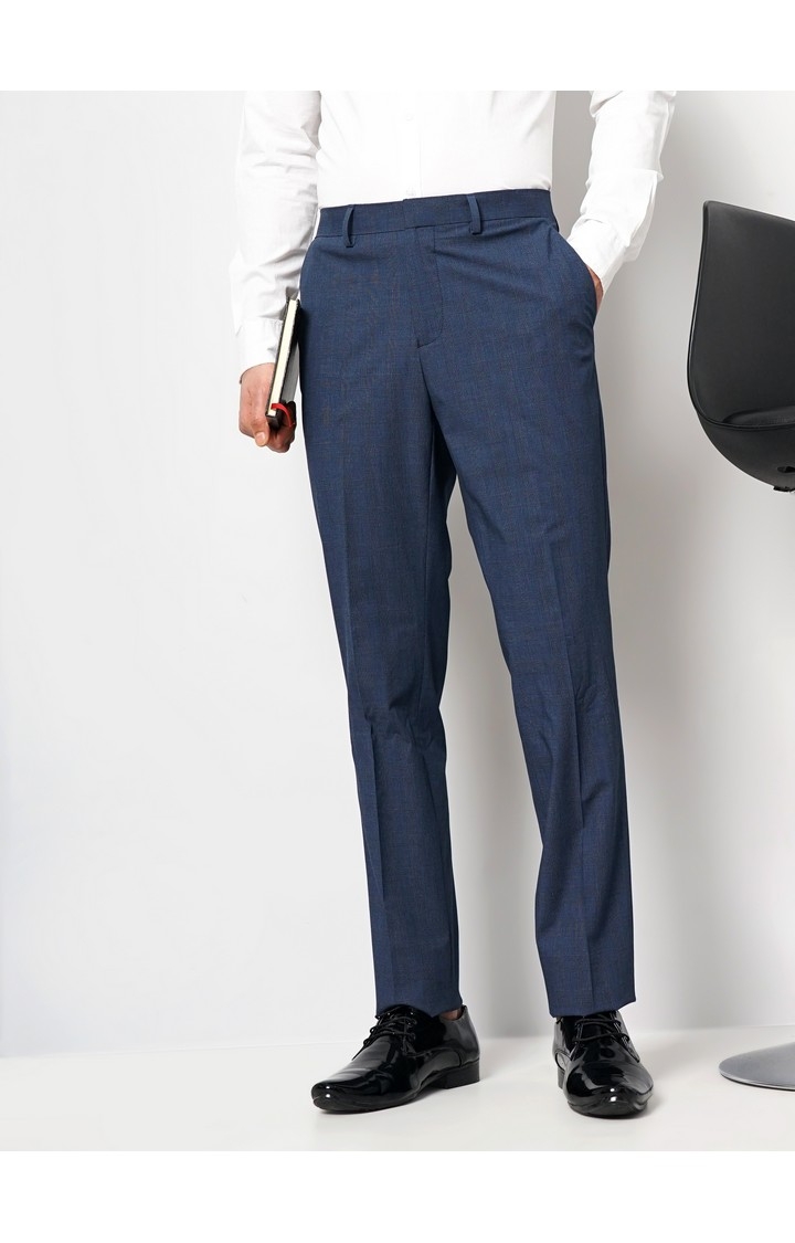 Celio Men Navy Blue Solid Slim Fit Polyester Suits Pants