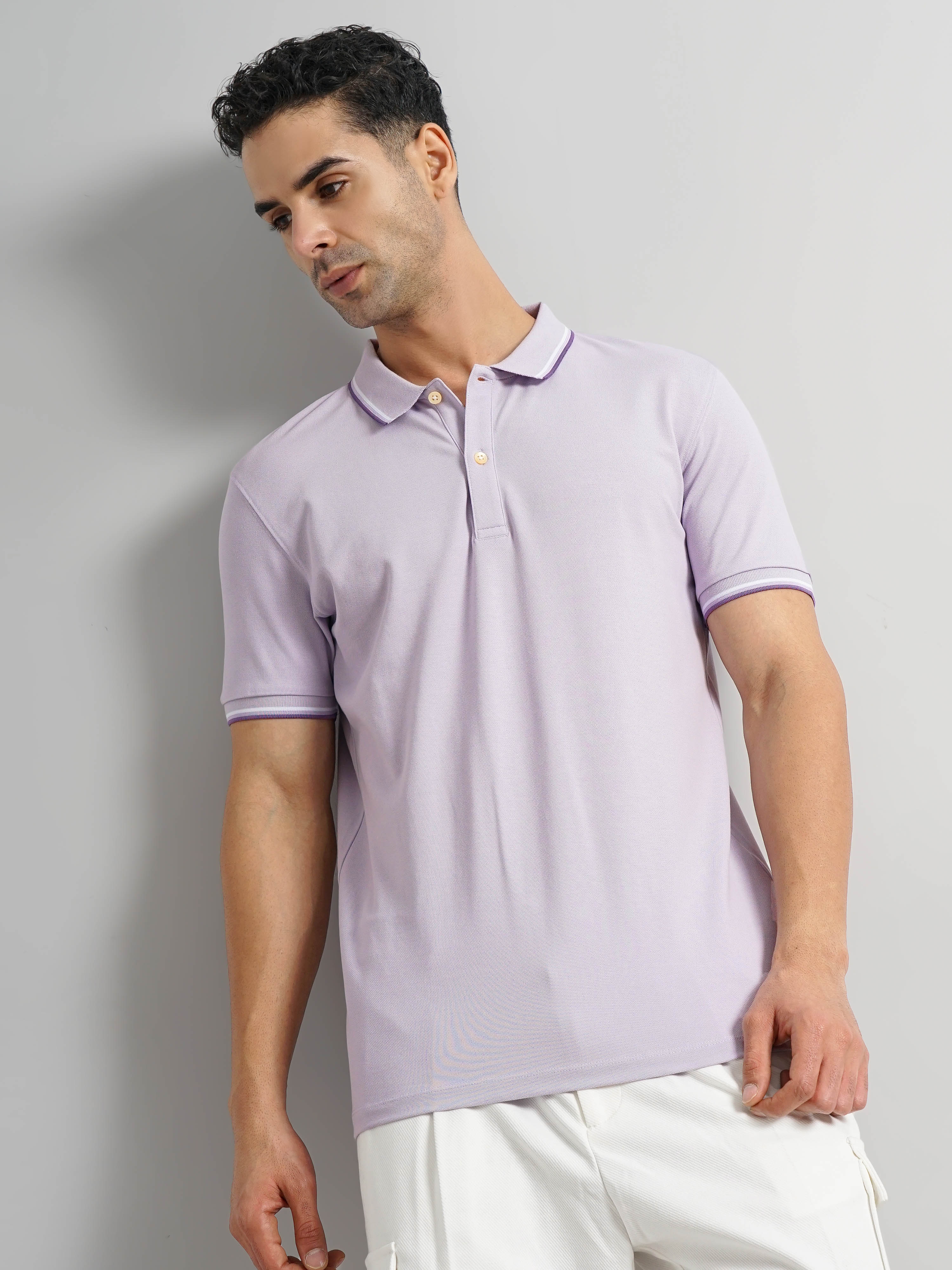 Celio Men Purple Solid Slim Fit Cotton Polo with Tipping Tshirts