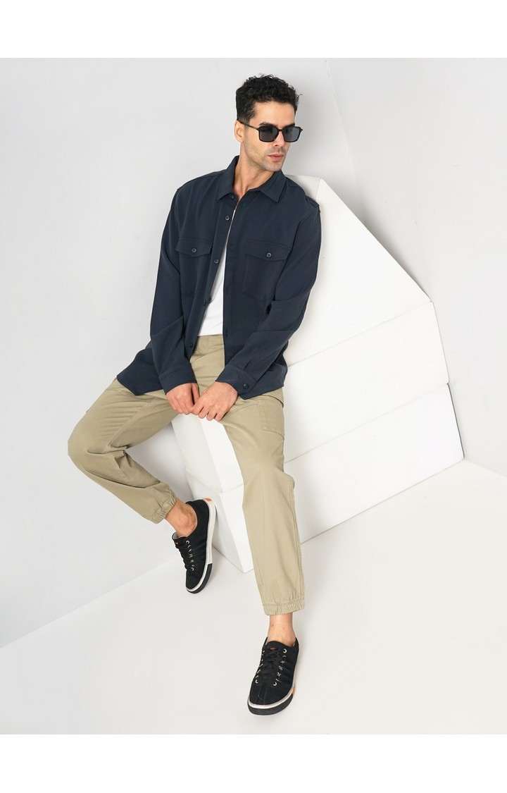 Celio Men Navy Blue Solid Oversized Polyester Shirt