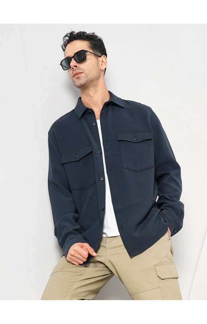 Celio Men Navy Blue Solid Oversized Polyester Shirt