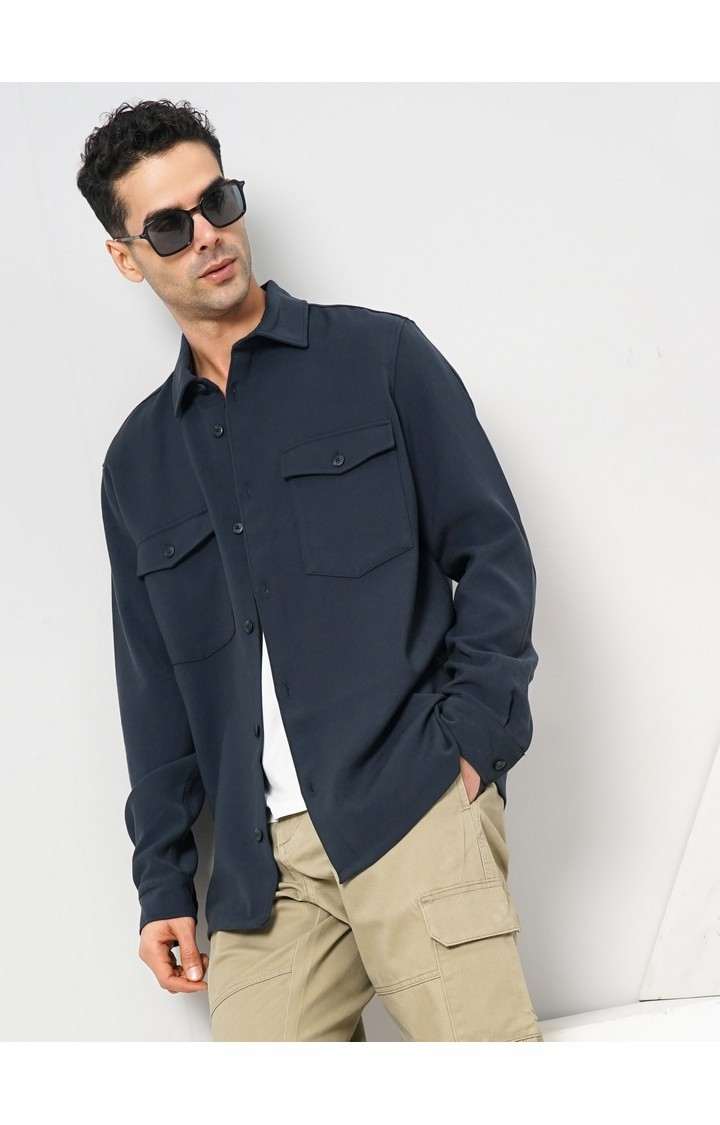 Celio Men Navy Blue Solid Oversized Polyester Shirt