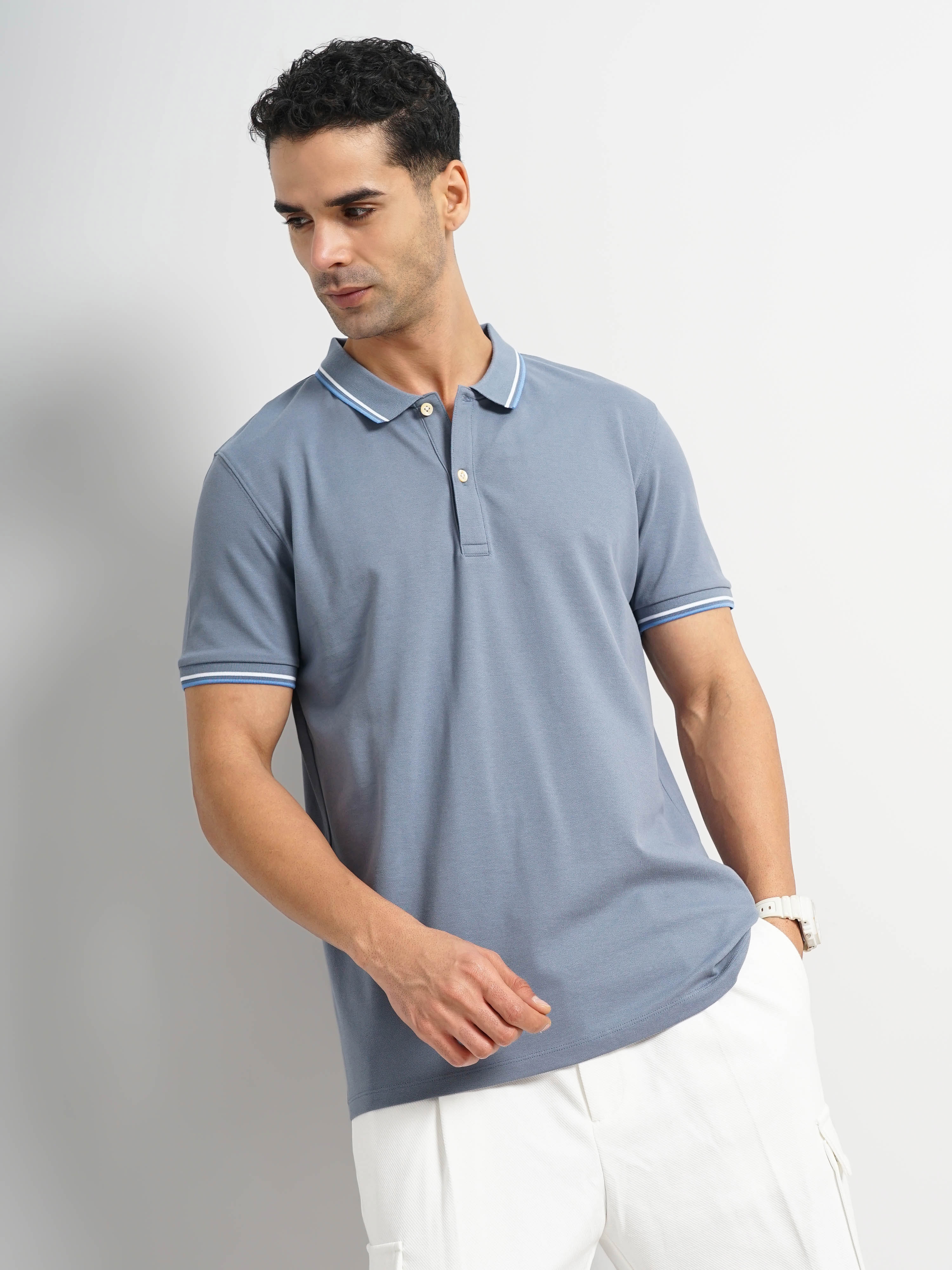 Celio Men Blue Solid Slim Fit Cotton Polo with Tipping Tshirts