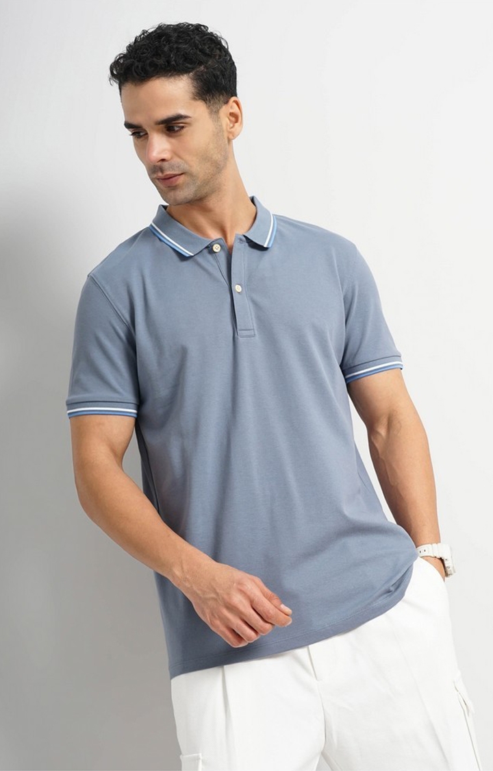 celio | Celio Men Blue Solid Slim Fit Cotton Polo with Tipping Tshirts
