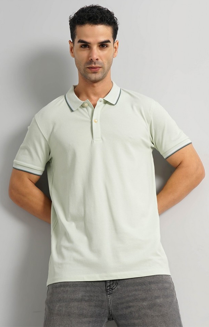 celio | Celio Men Green Solid Slim Fit Cotton Polo with Tipping Tshirts