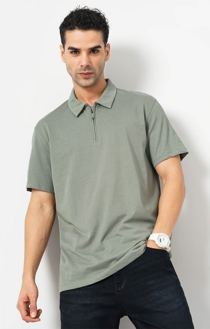 Celio Men Green Solid Slim Fit Cotton Tshirts