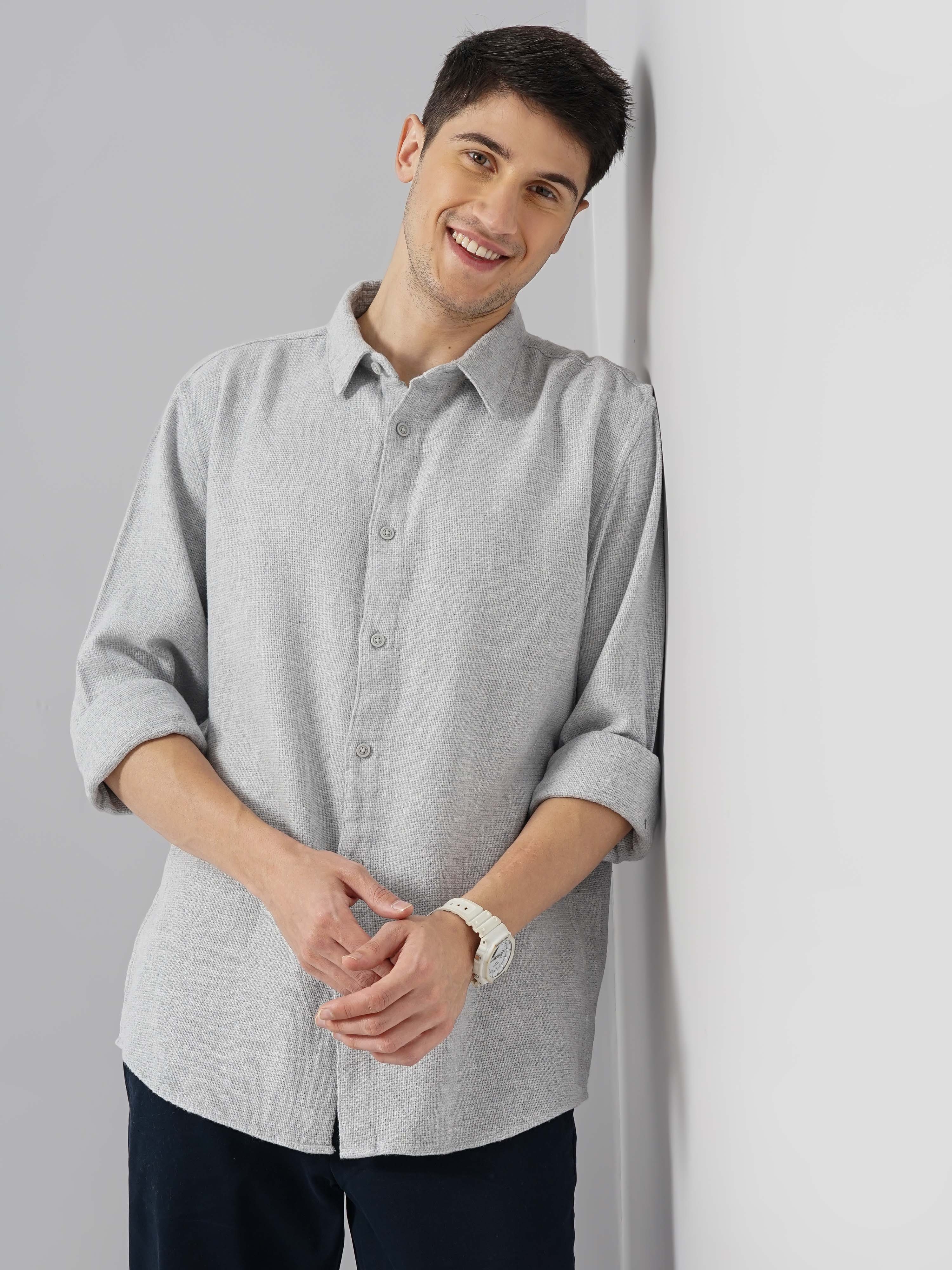 celio | Celio Men Grey Solid Regular Fit Cotton Casual Shirt