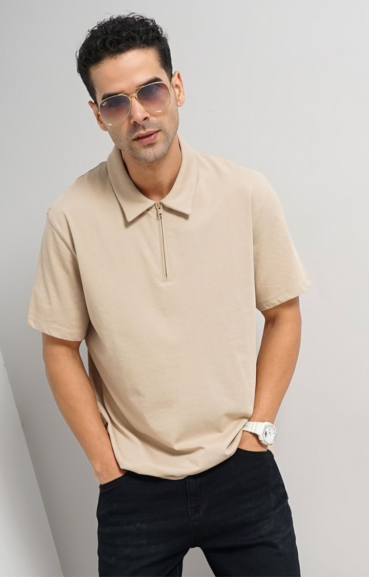 celio | Celio Men Beige Solid Slim Fit Cotton Tshirts