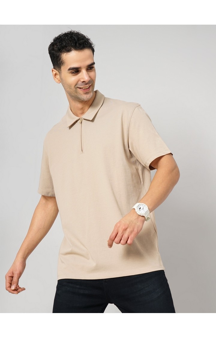 Celio Men Beige Solid Slim Fit Cotton Tshirts