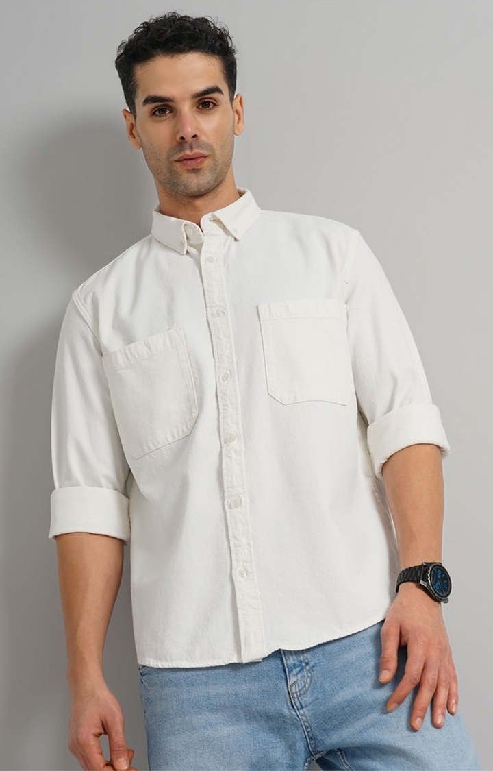 celio | Celio Men White Solid Slim Fit Cotton Denim Casual Shirt