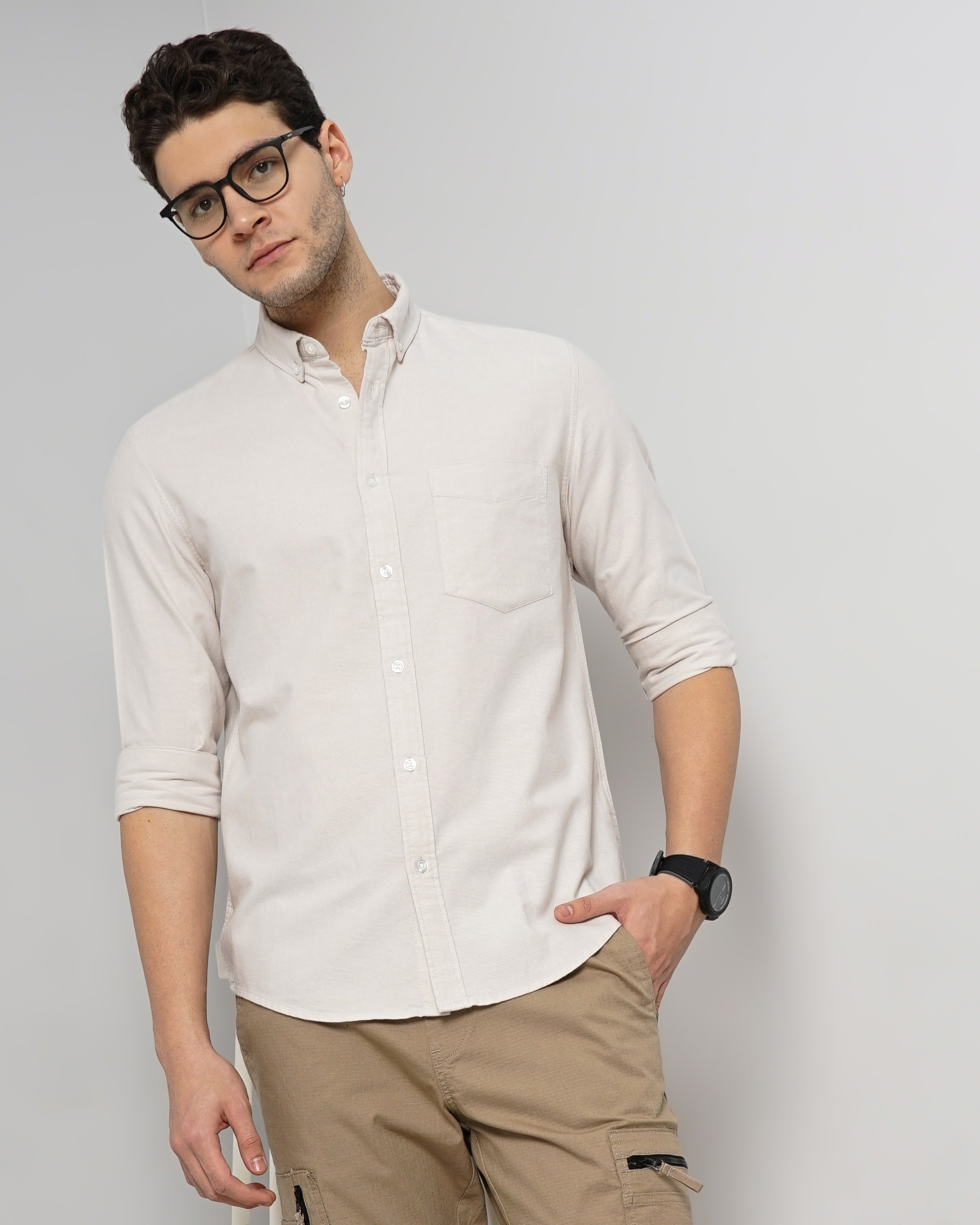 celio | Celio Men Beige Solid Regular Fit Cotton Hi Stake Social Oxford Casual Shirt