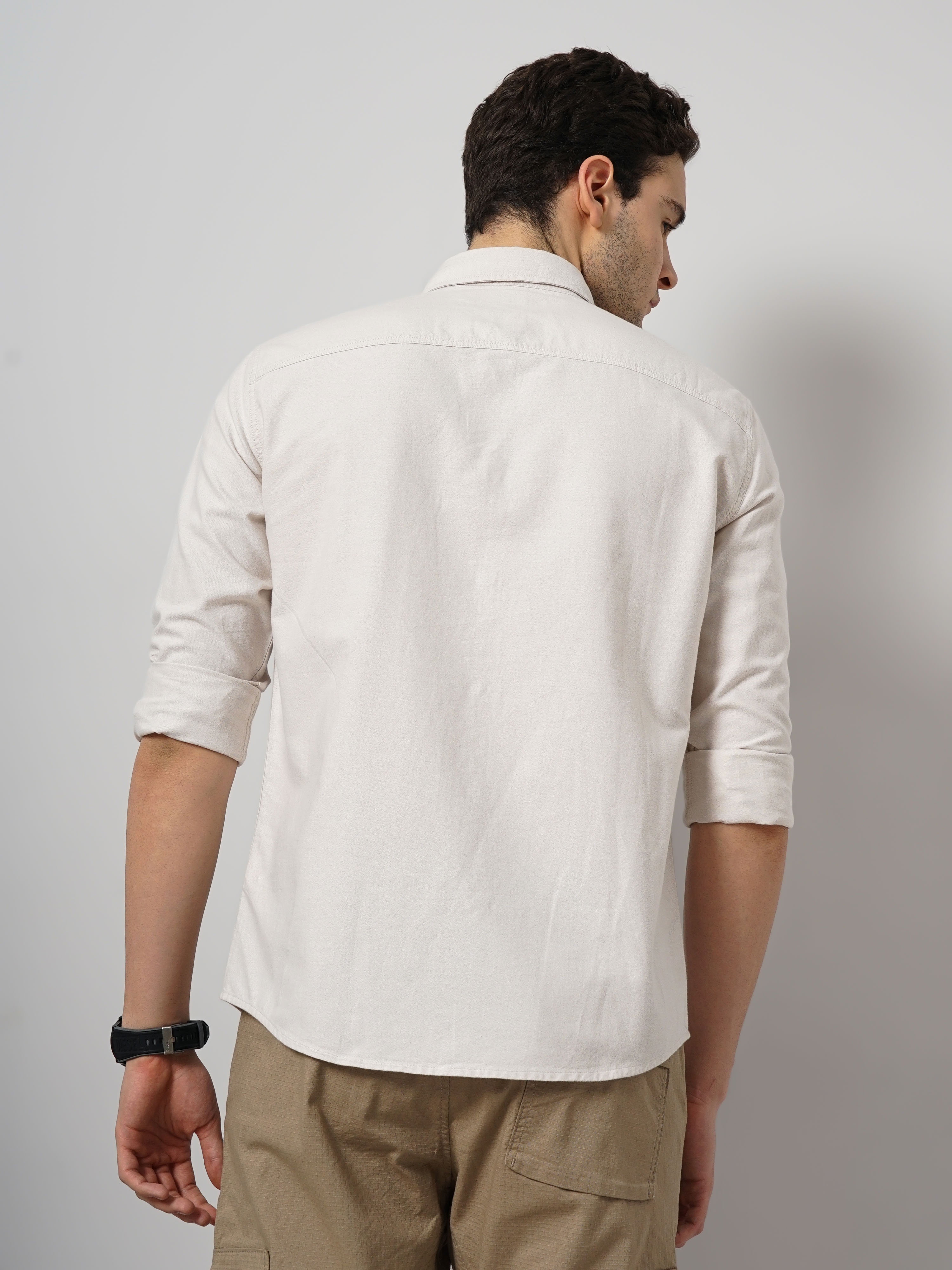 Celio Men Beige Solid Regular Fit Cotton Hi Stake Social Oxford Casual Shirt