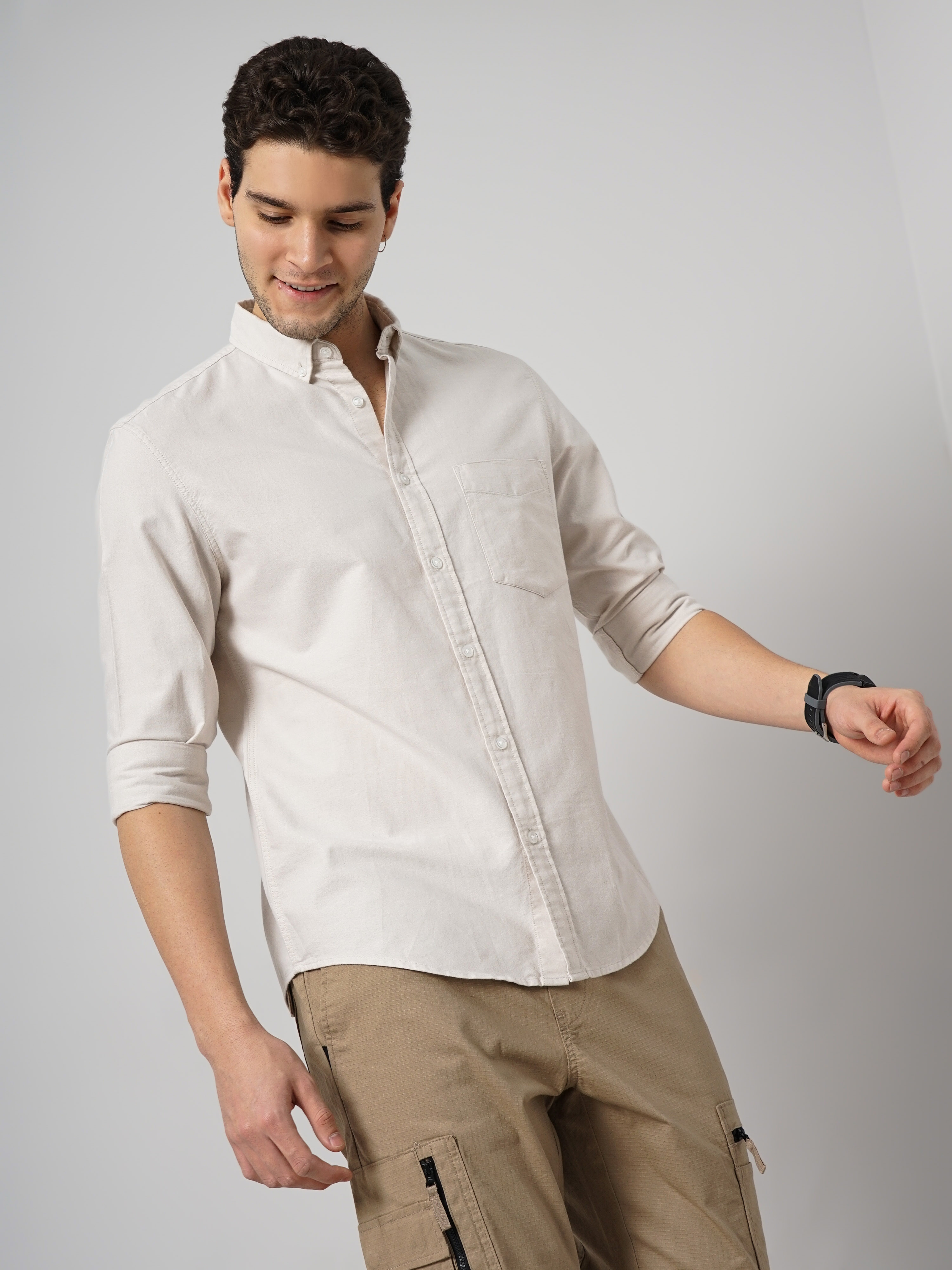 Celio Men Beige Solid Regular Fit Cotton Hi Stake Social Oxford Casual Shirt