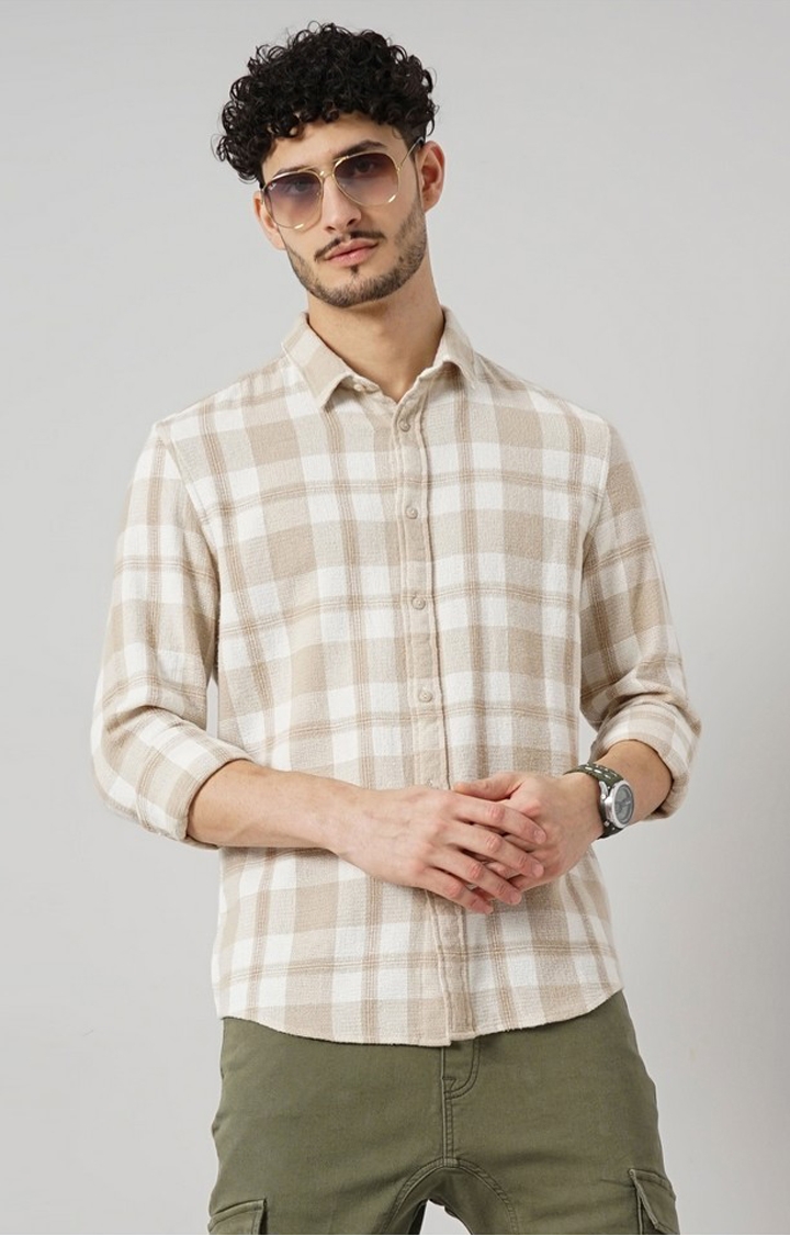 celio | Celio Men Beige Checked Regular Fit Cotton Casual Shirt