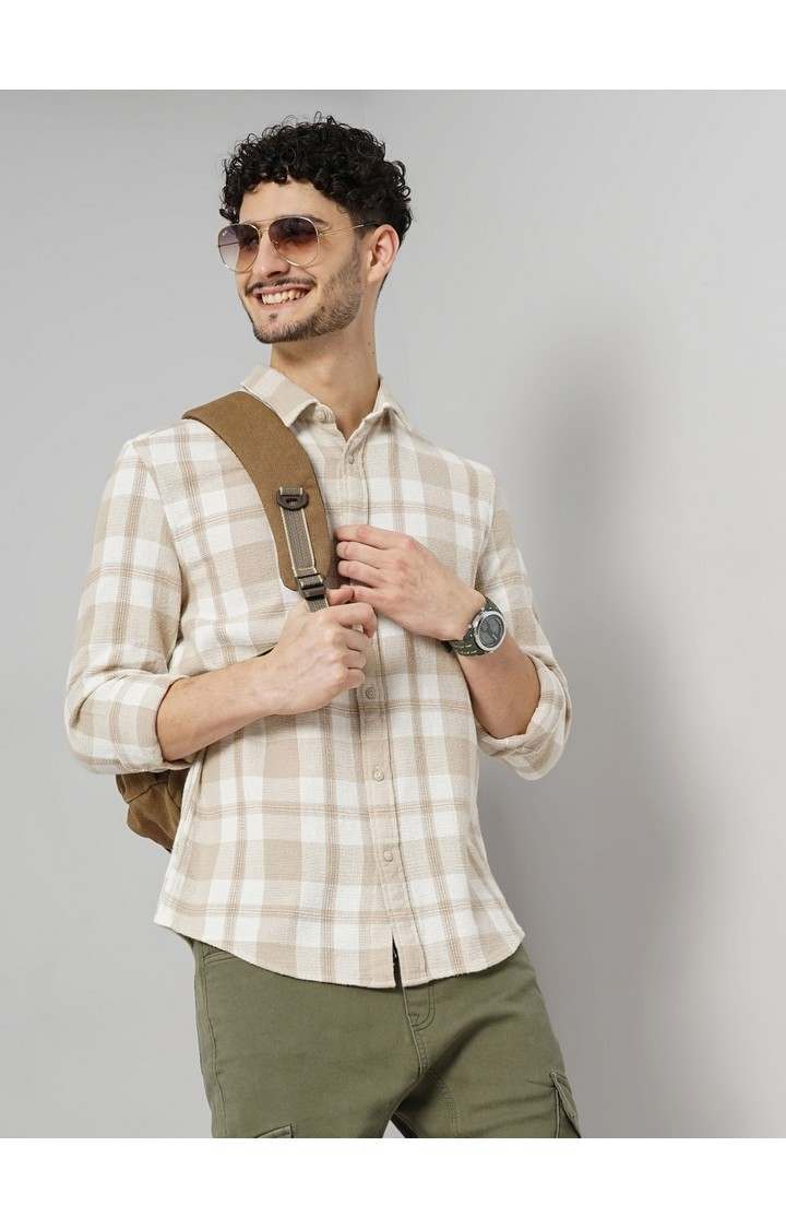 Celio Men Beige Checked Regular Fit Cotton Casual Shirt
