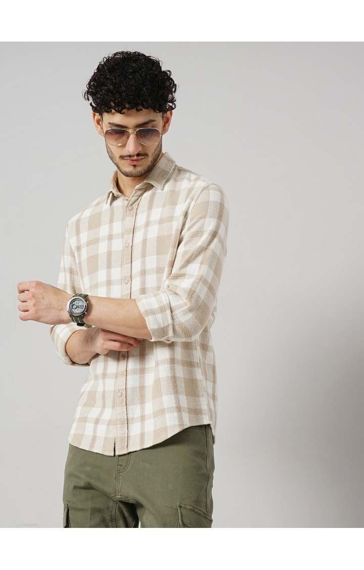 Celio Men Beige Checked Regular Fit Cotton Casual Shirt