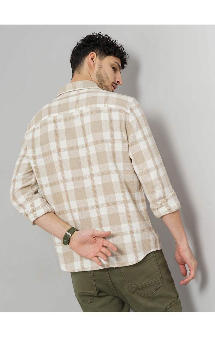 Celio Men Beige Checked Regular Fit Cotton Casual Shirt