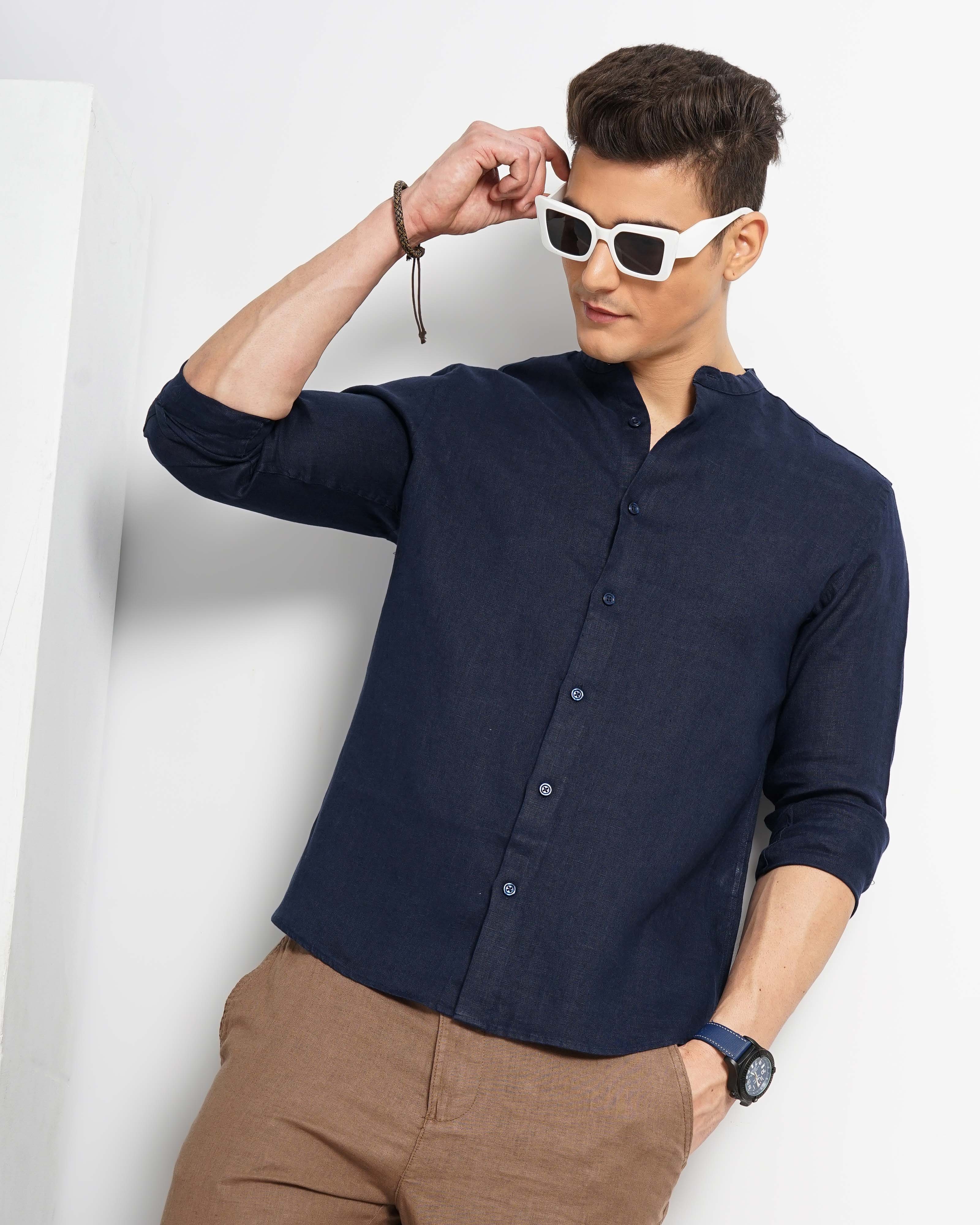 Celio Men Navy Blue Solid Regular Fit Linen Shirt