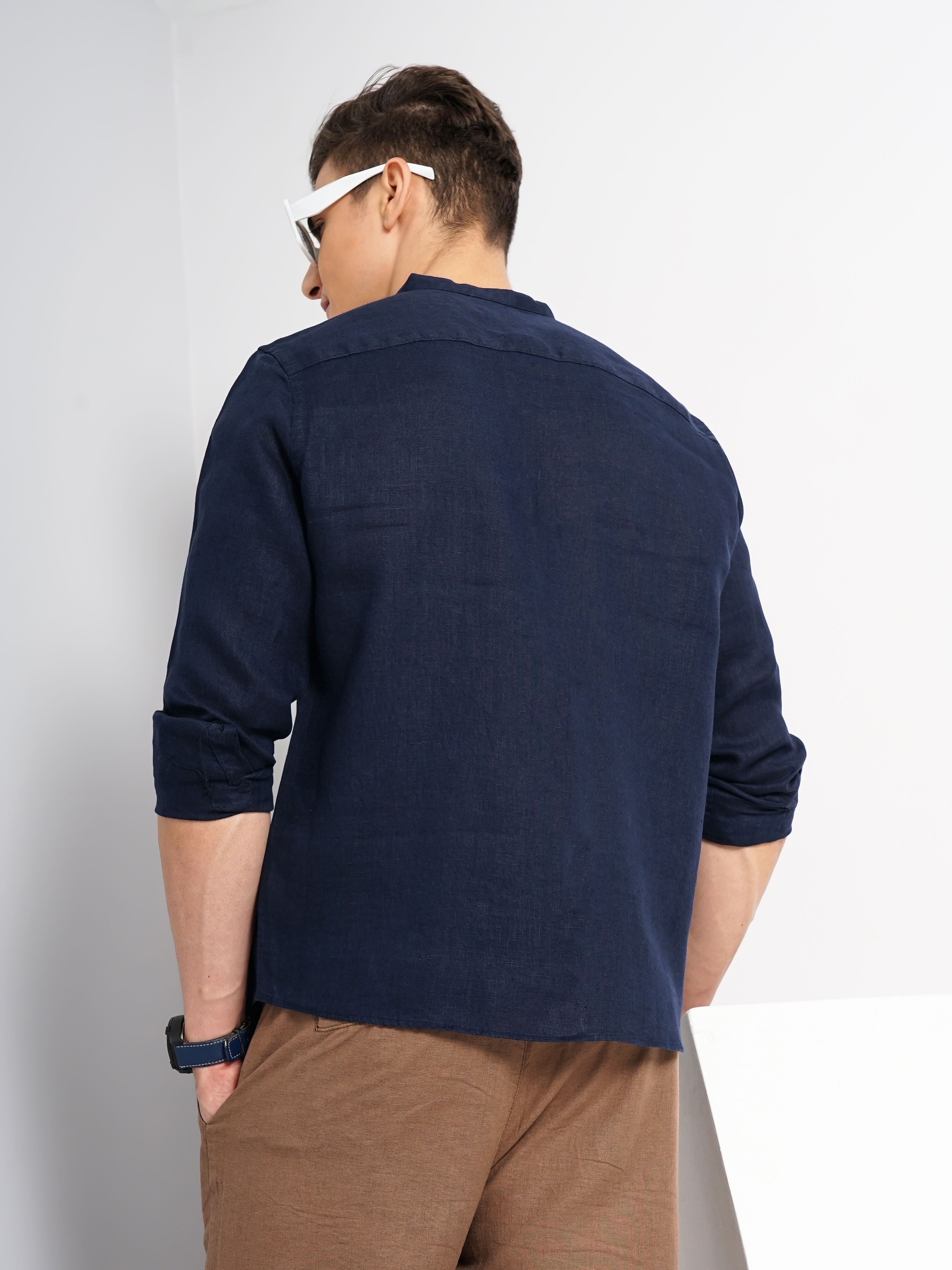 Celio Men Navy Blue Solid Regular Fit Linen Shirt