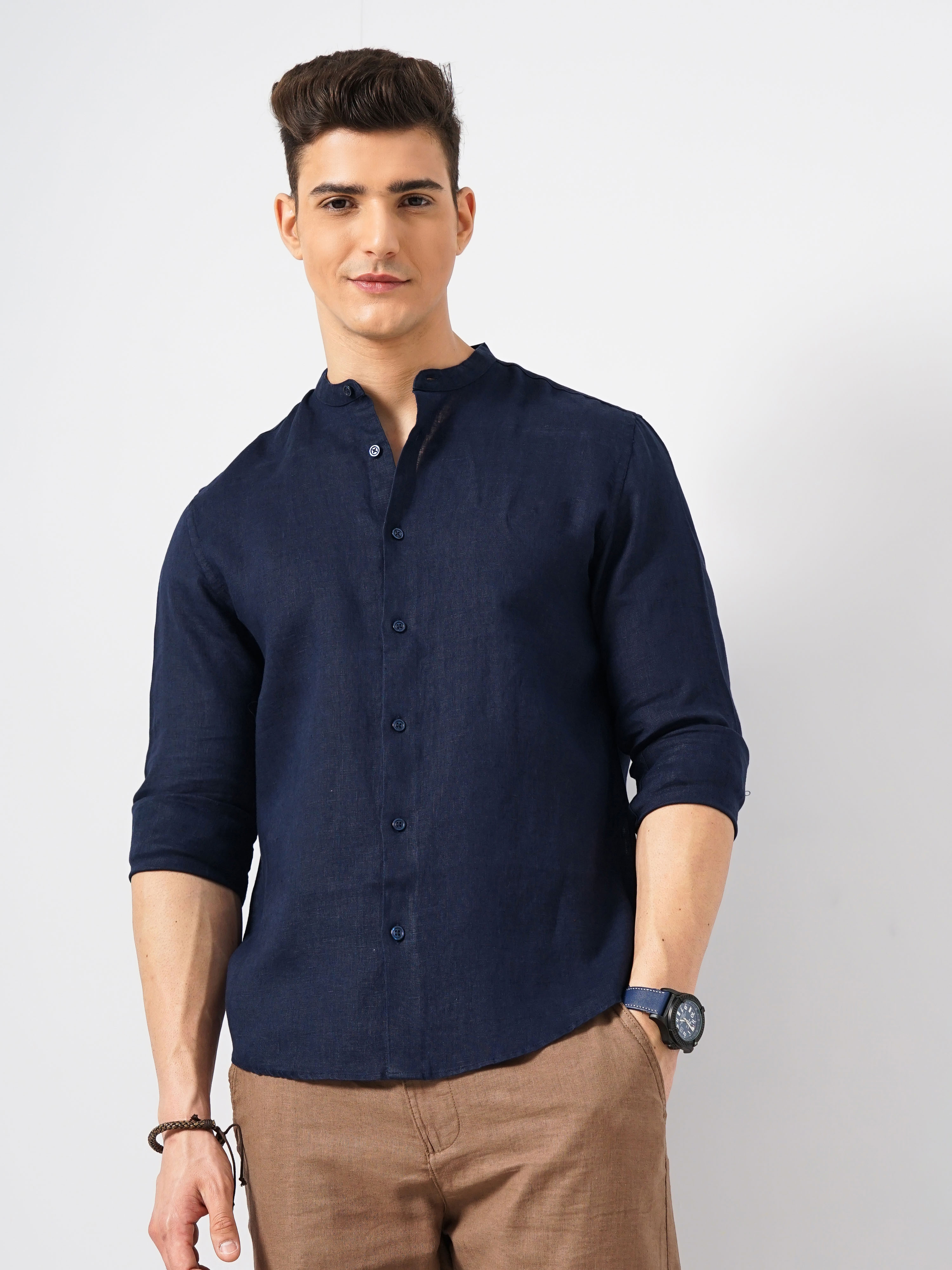 celio | Celio Men Navy Blue Solid Regular Fit Linen Shirt