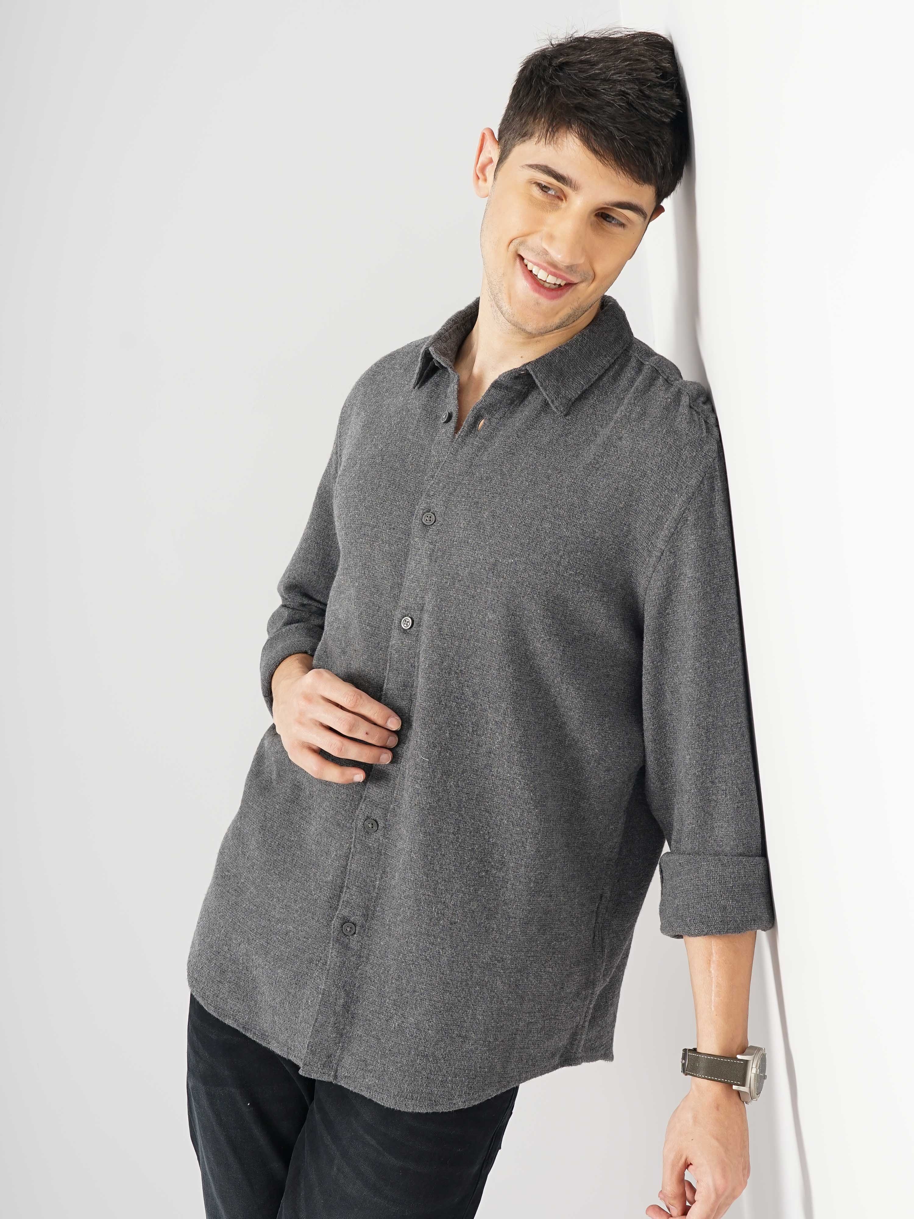 Celio Men Grey Solid Regular Fit Cotton Casual Shirt