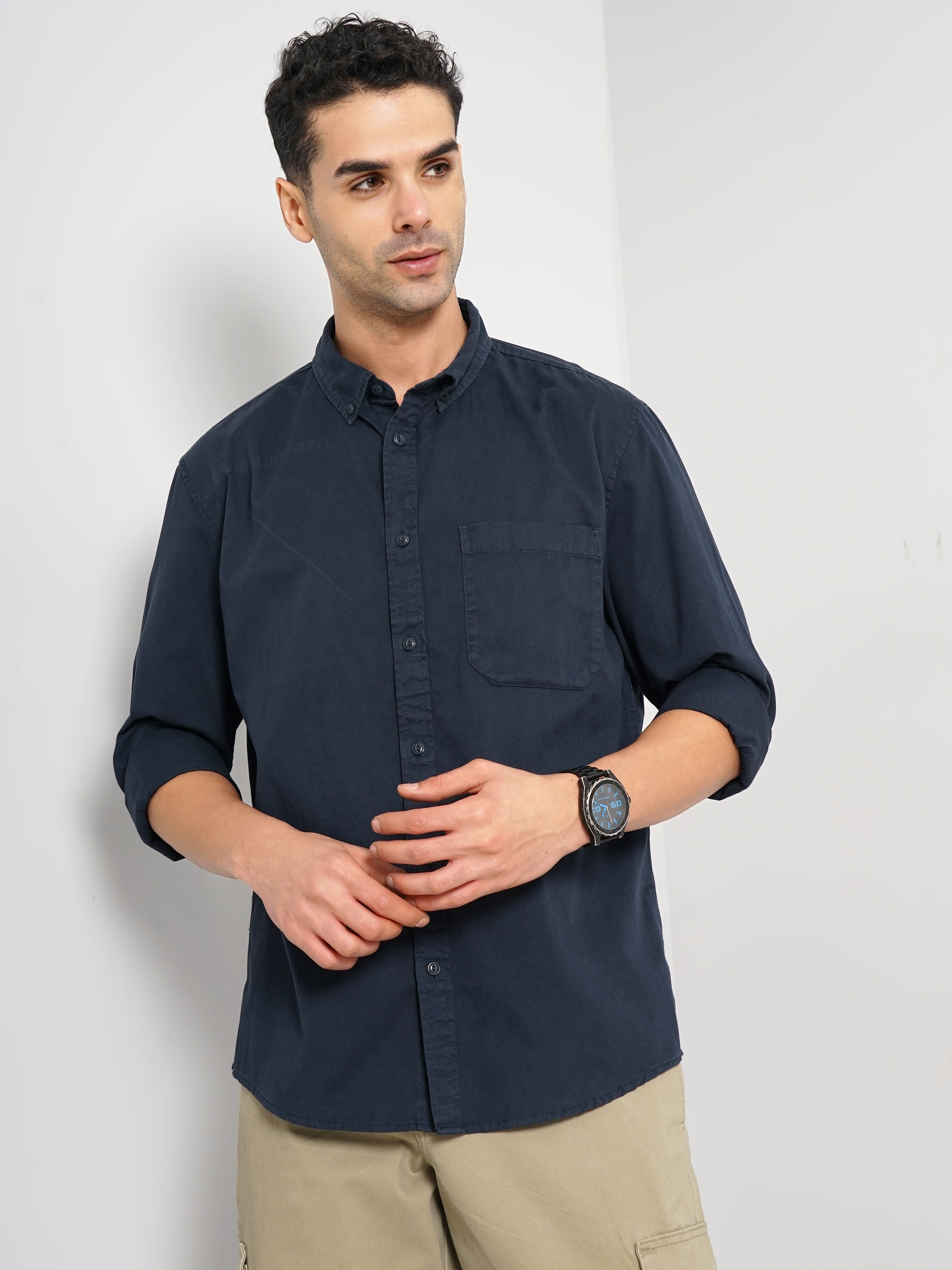 Celio Men Navy Blue Solid Regular Fit Cotton Shirt