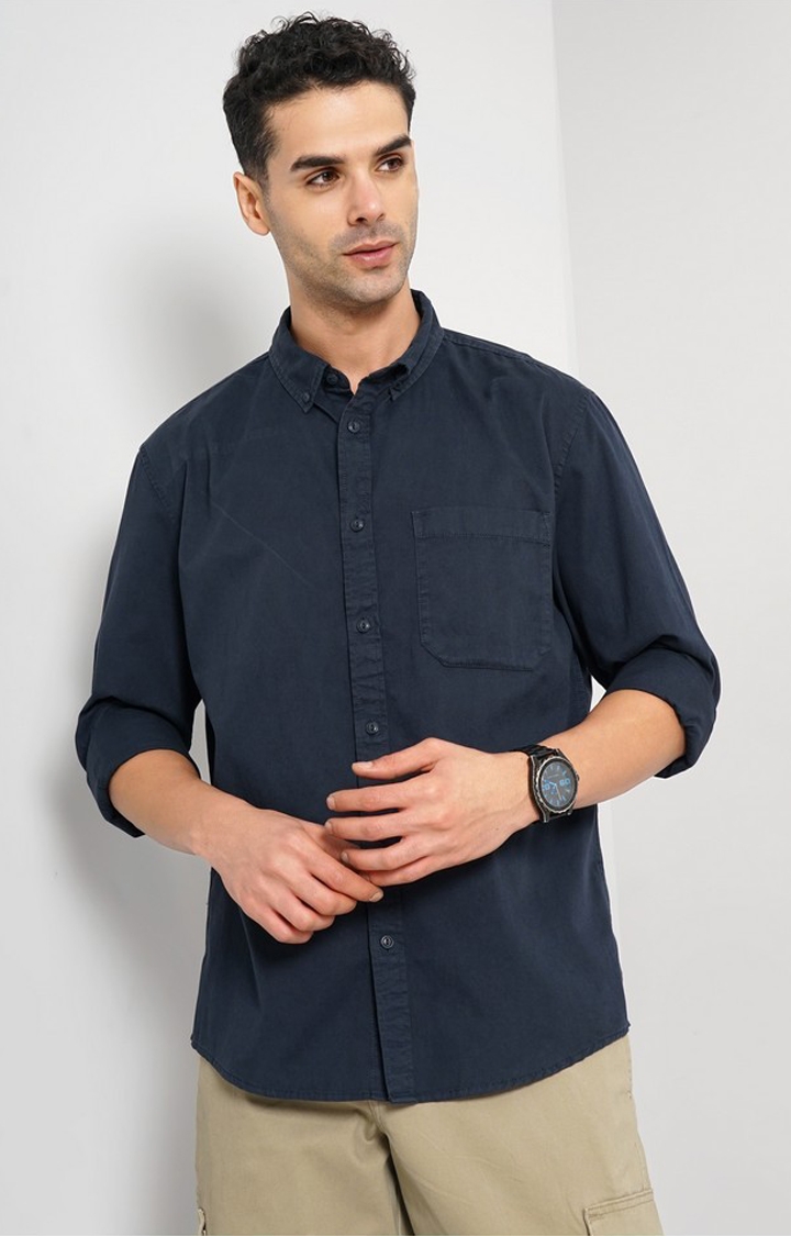 celio | Celio Men Navy Blue Solid Regular Fit Cotton Shirt
