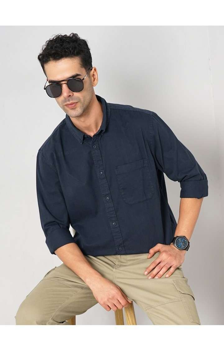 Celio Men Navy Blue Solid Regular Fit Cotton Shirt