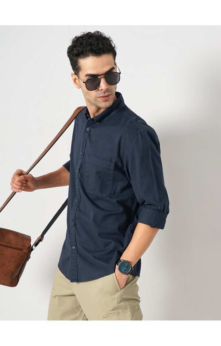 Celio Men Navy Blue Solid Regular Fit Cotton Shirt