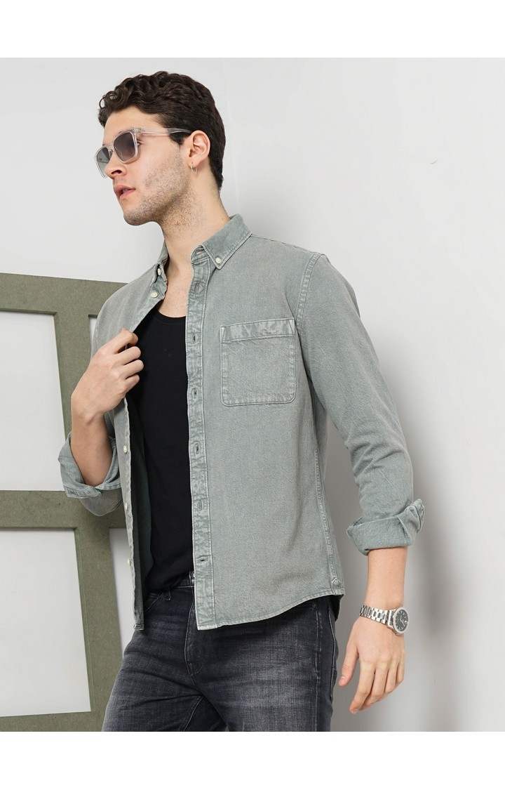 Celio Men Green Solid Regular Fit Cotton Denim Shirt