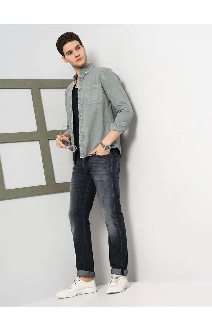 Celio Men Green Solid Regular Fit Cotton Denim Shirt