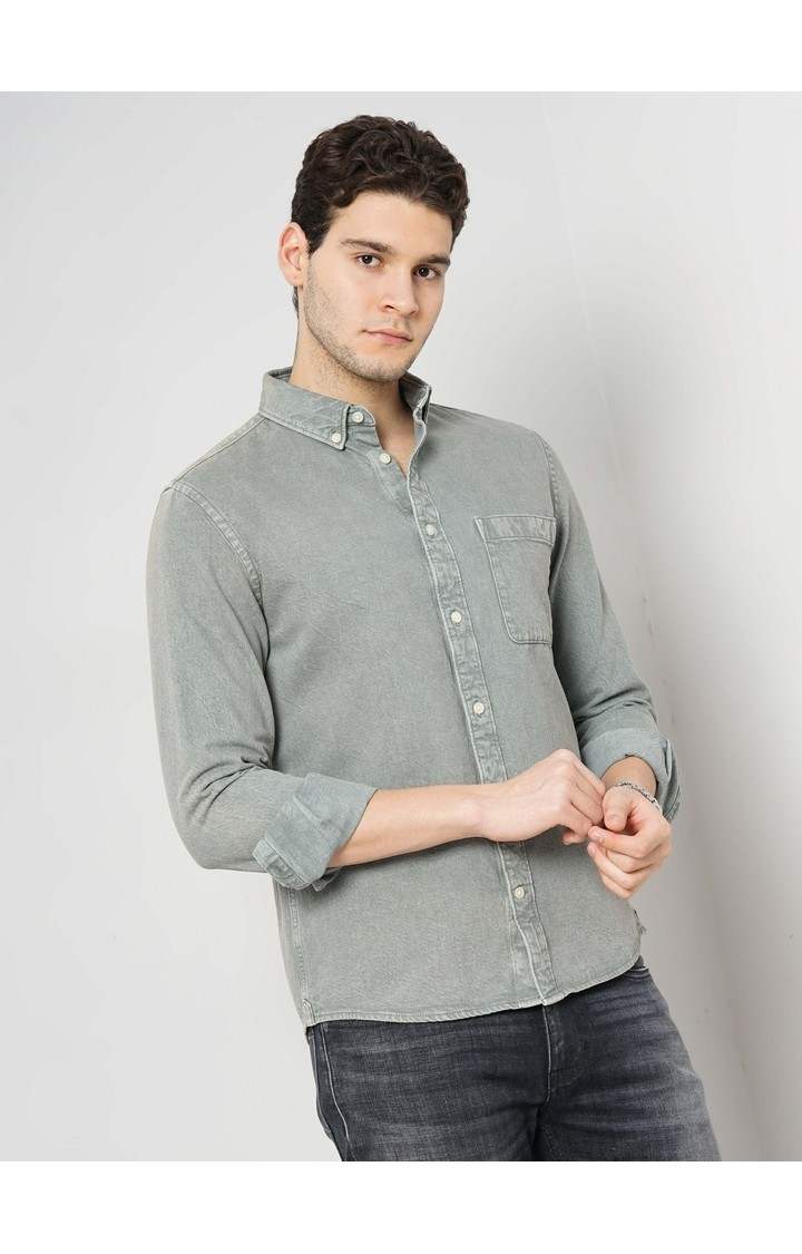 Celio Men Green Solid Regular Fit Cotton Denim Shirt