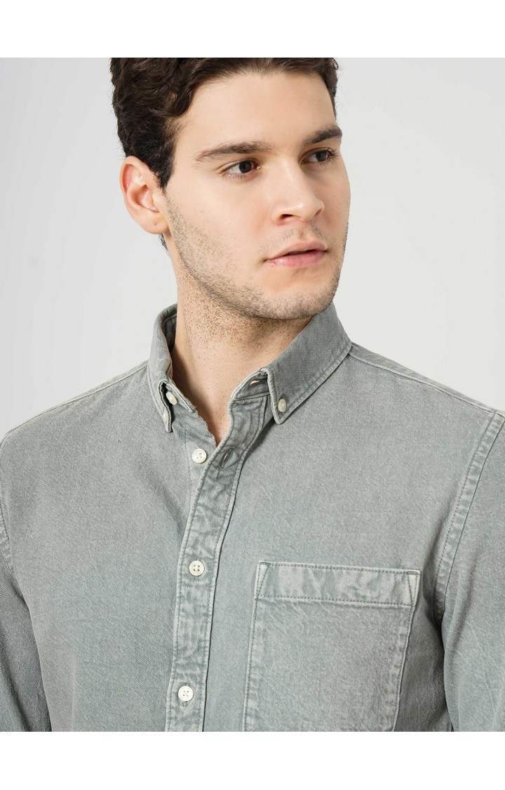 Celio Men Green Solid Regular Fit Cotton Denim Shirt