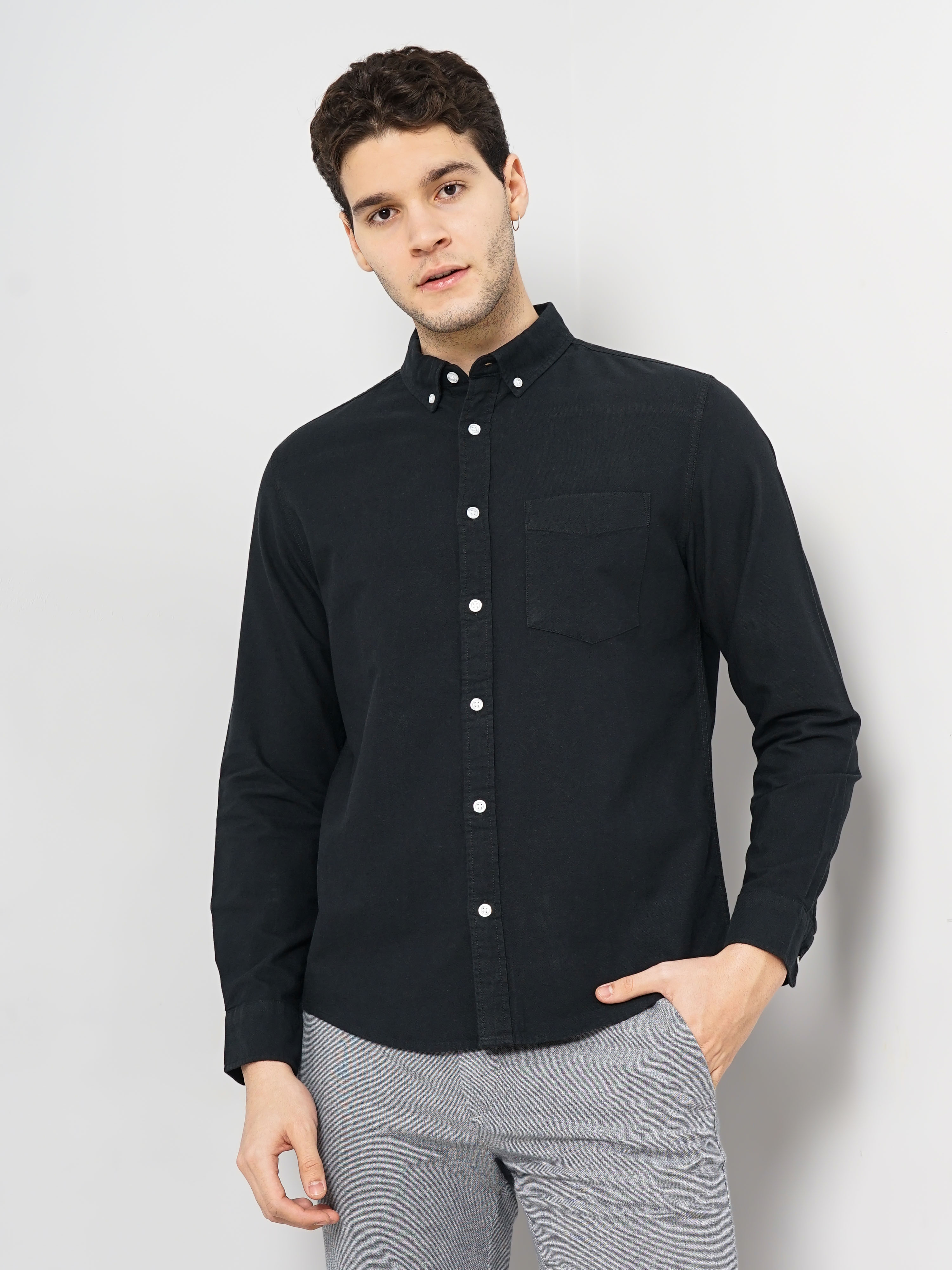 celio | Celio Men Black Solid Regular Fit Cotton Hi Stake Social Oxford Casual Shirt