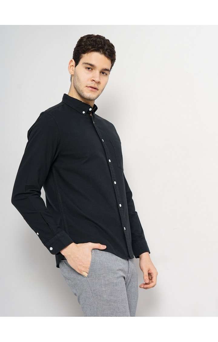 Celio Men Black Solid Regular Fit Cotton Hi Stake Social Oxford Casual Shirt