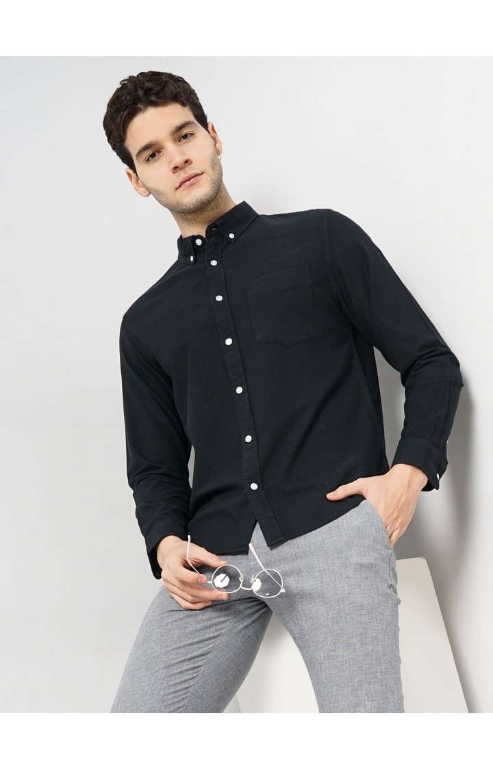 Celio Men Black Solid Regular Fit Cotton Hi Stake Social Oxford Casual Shirt