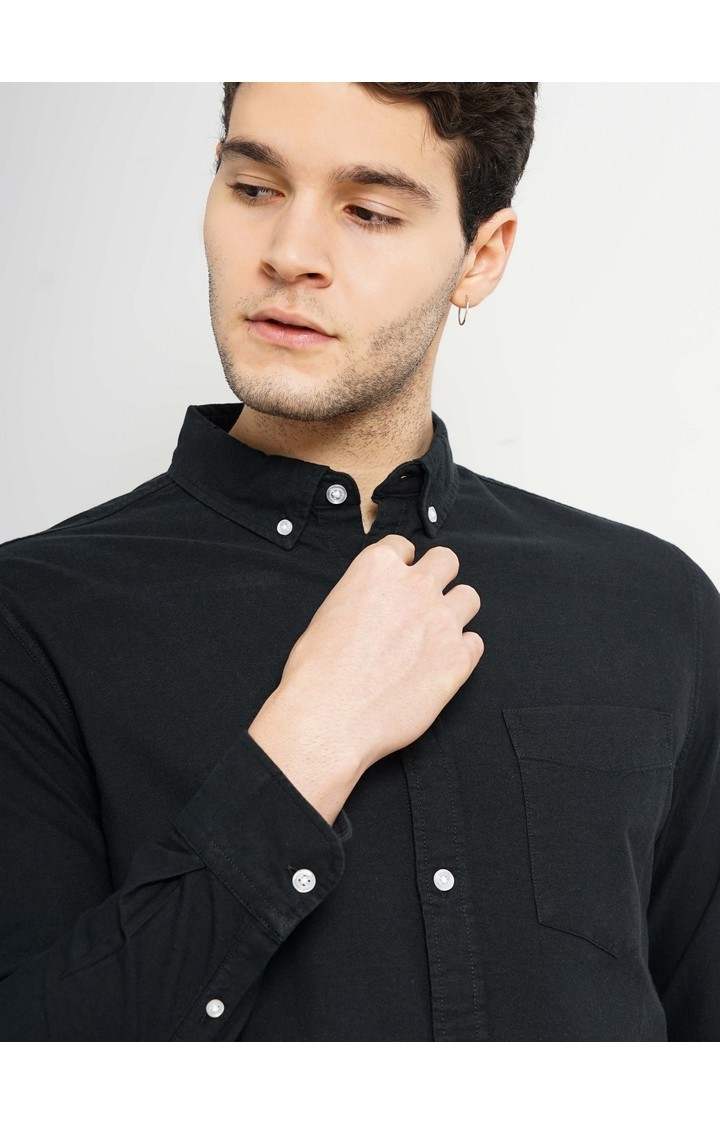 Celio Men Black Solid Regular Fit Cotton Hi Stake Social Oxford Casual Shirt