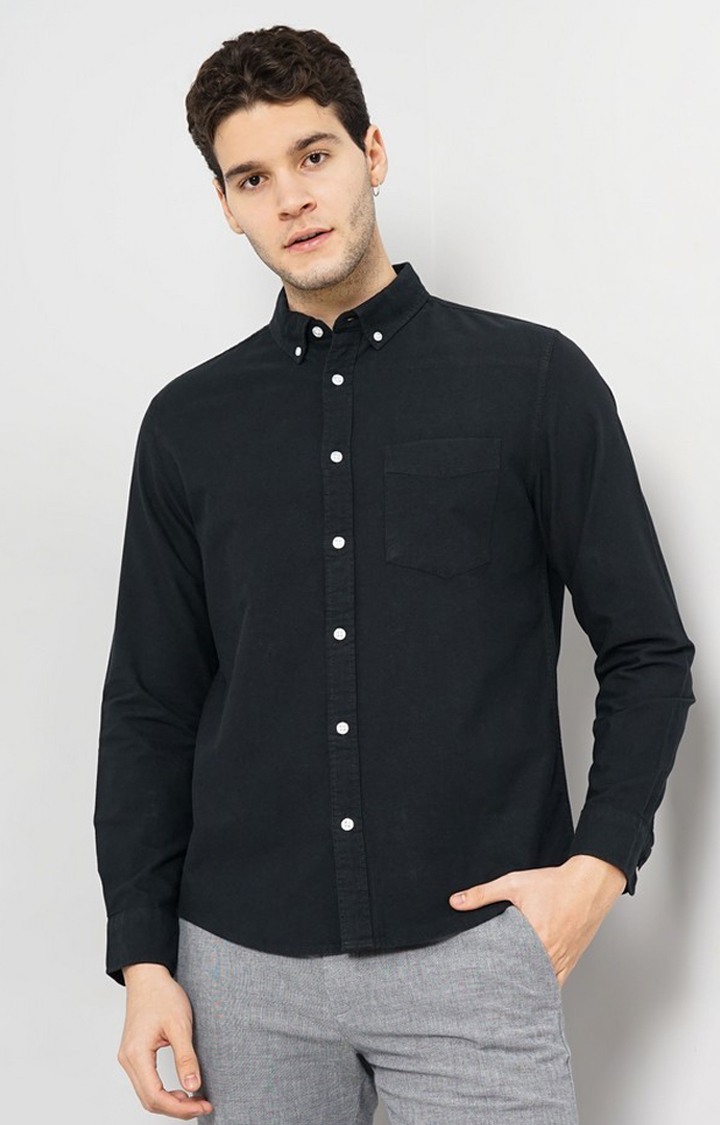 Celio Men Black Solid Regular Fit Cotton Hi Stake Social Oxford Casual Shirt
