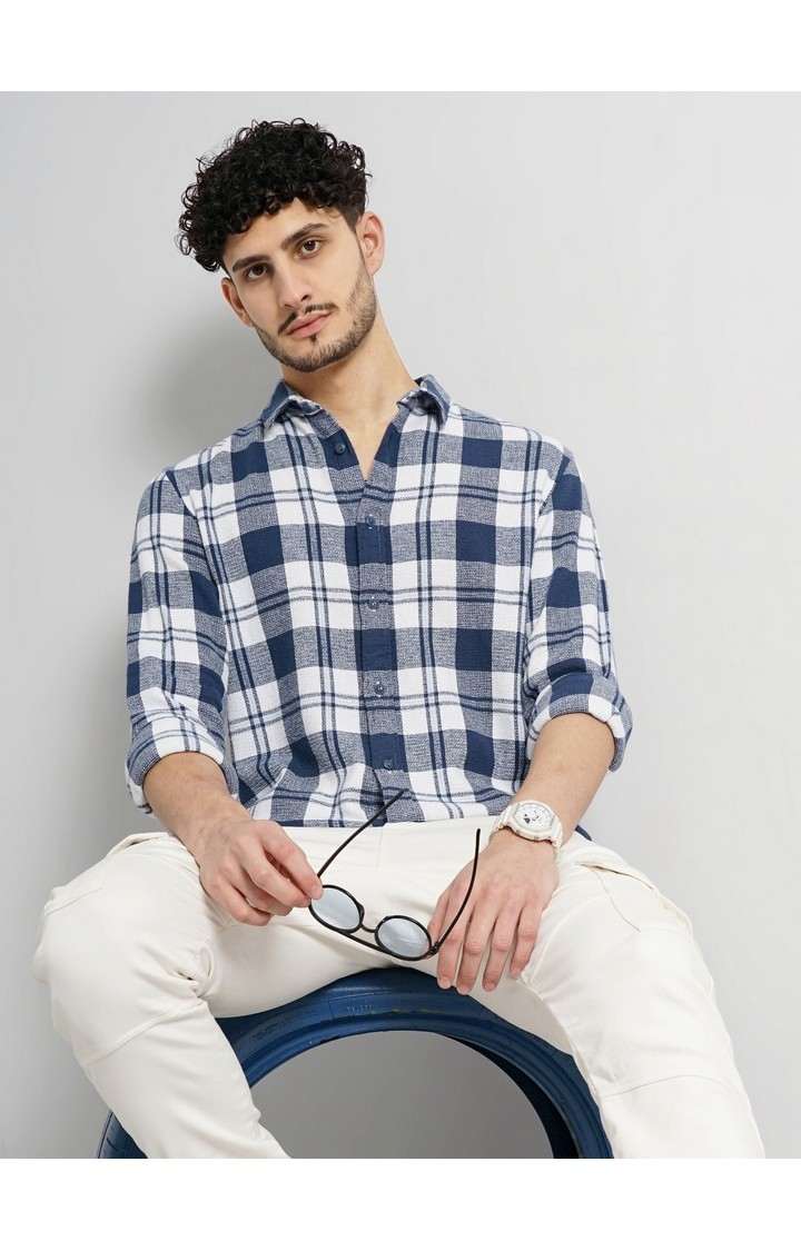 Celio Men Blue Checked Regular Fit Cotton Casual Shirt