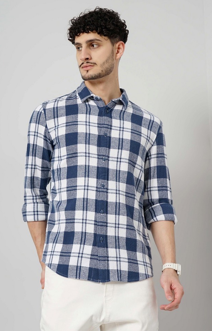 celio | Celio Men Blue Checked Regular Fit Cotton Casual Shirt