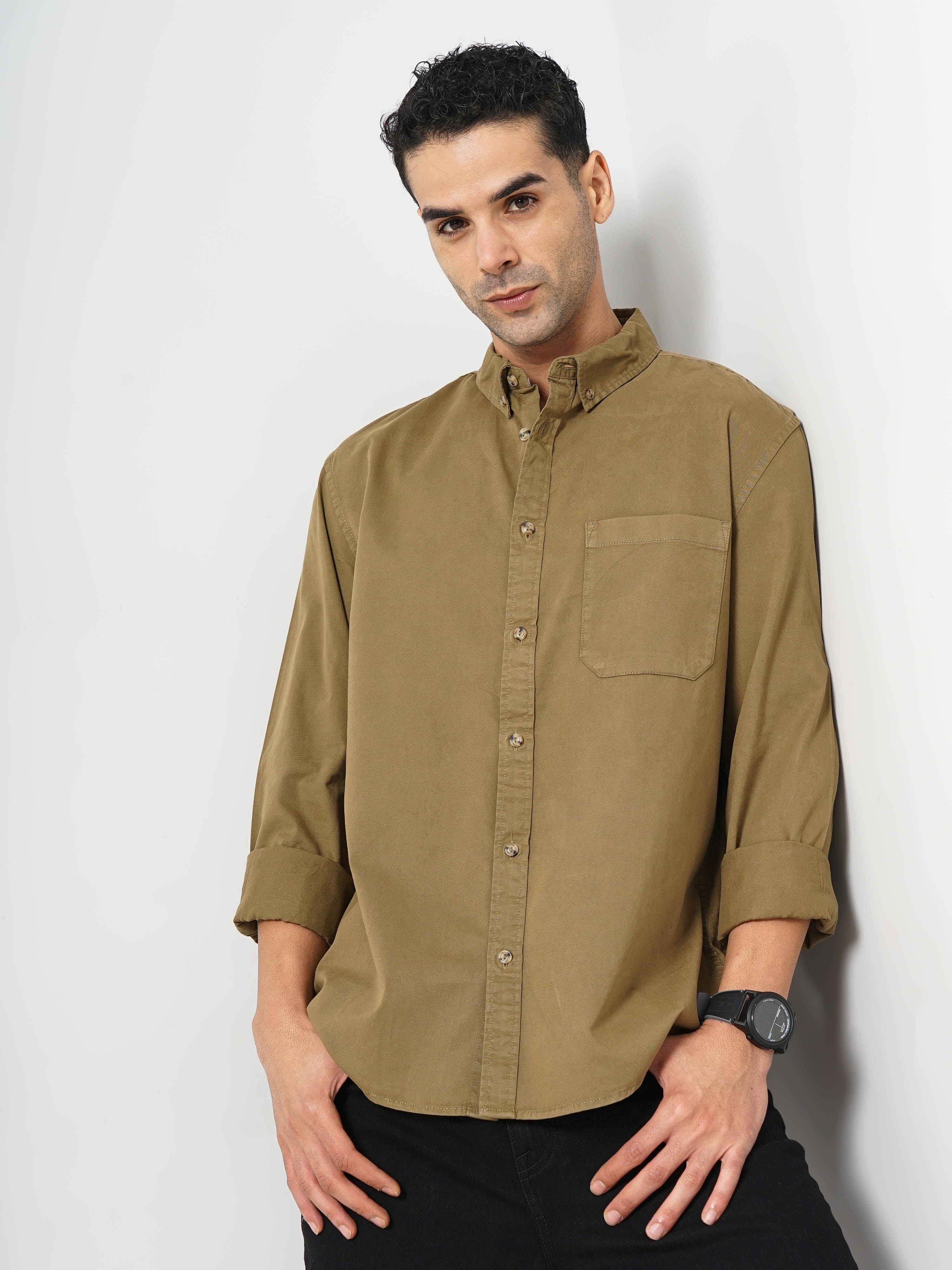 celio | Celio Men Khaki Solid Regular Fit Cotton Shirt