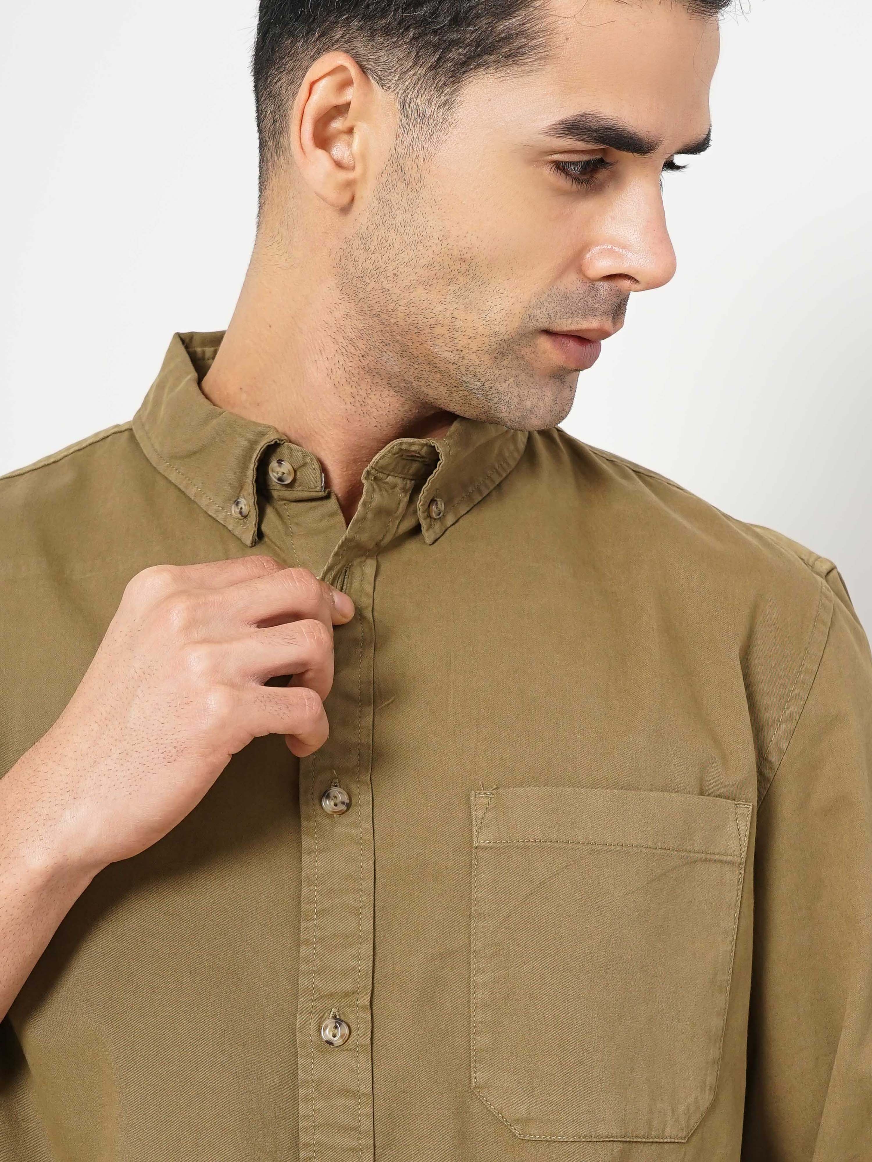 Celio Men Khaki Solid Regular Fit Cotton Shirt